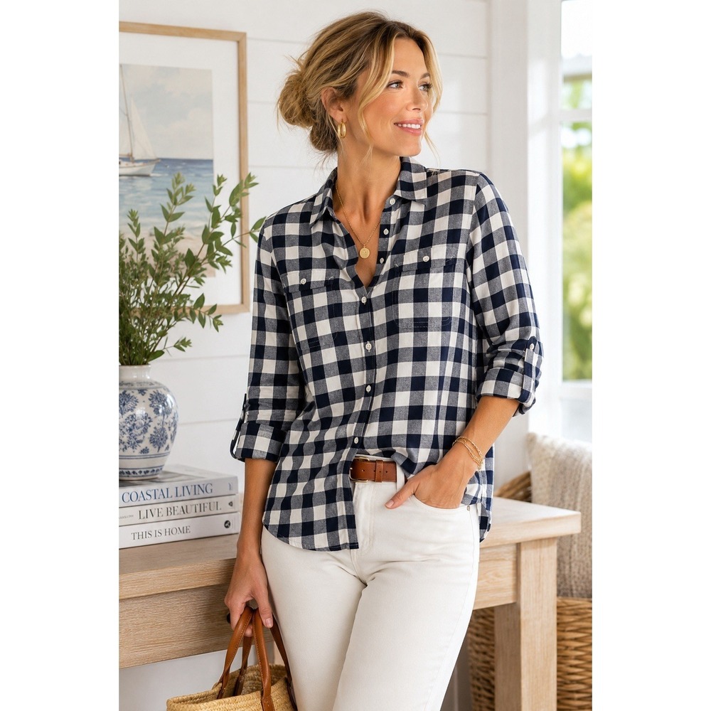 J.Crew Perfect Fit XL Navy Cotton Buffalo Plaid Button Up Shirt Roll Tab Coastal